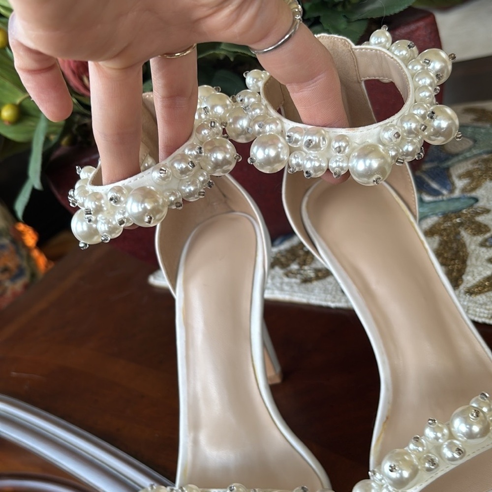 Brand New Faux Pearl Open Toe Ankle Strap Back Zip Stiletto Heel Sandals Wedding - Picture 8 of 16